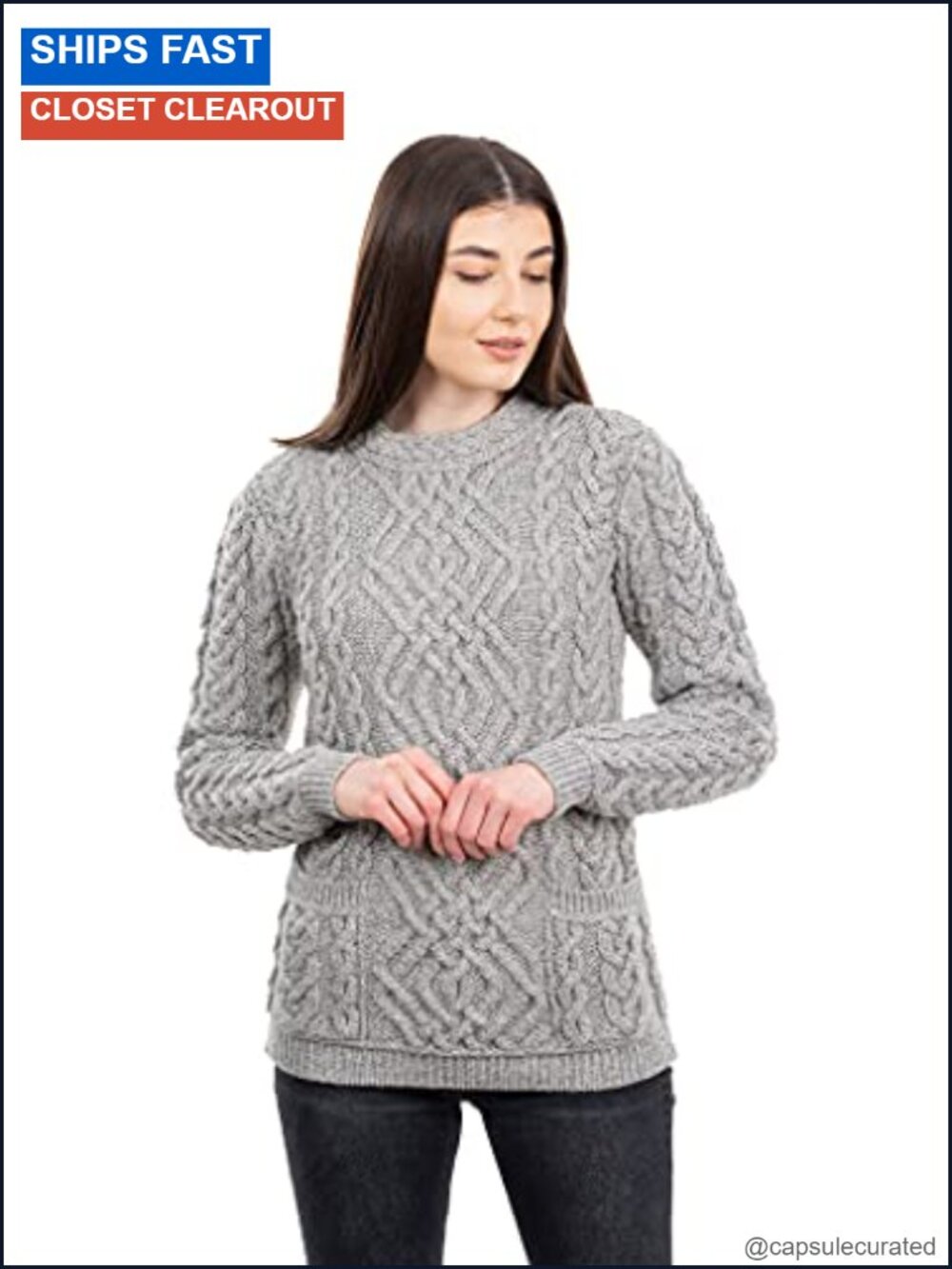 100% Merino Wool Cable Knit Crew Neck Fitted Sweater with Pockets